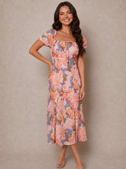 Ruched Bust Floral Midi Dress in Pink