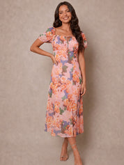 Ruched Bust Floral Midi Dress in Pink