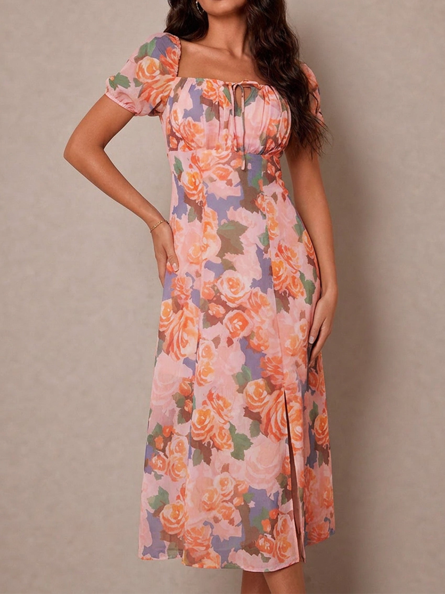 Ruched Bust Floral Midi Dress in Pink