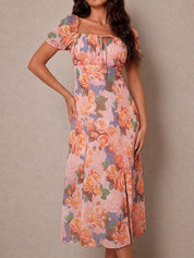 Ruched Bust Floral Midi Dress in Pink