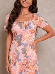 Ruched Bust Floral Midi Dress in Pink