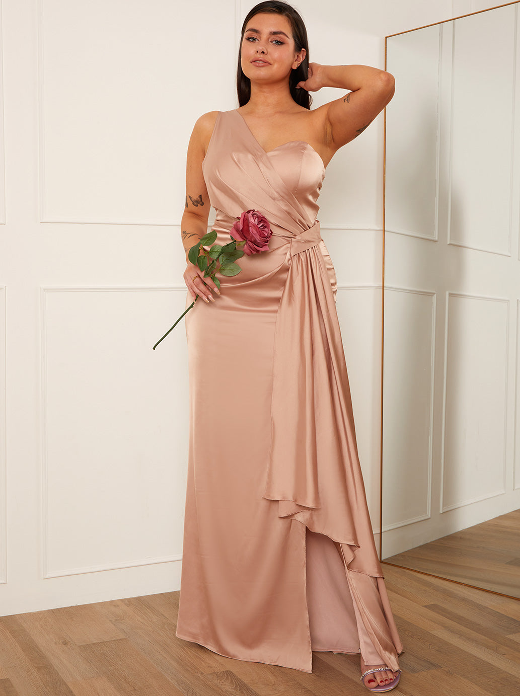 Petite One Shoulder Satin Finish Maxi Dress in Champagne