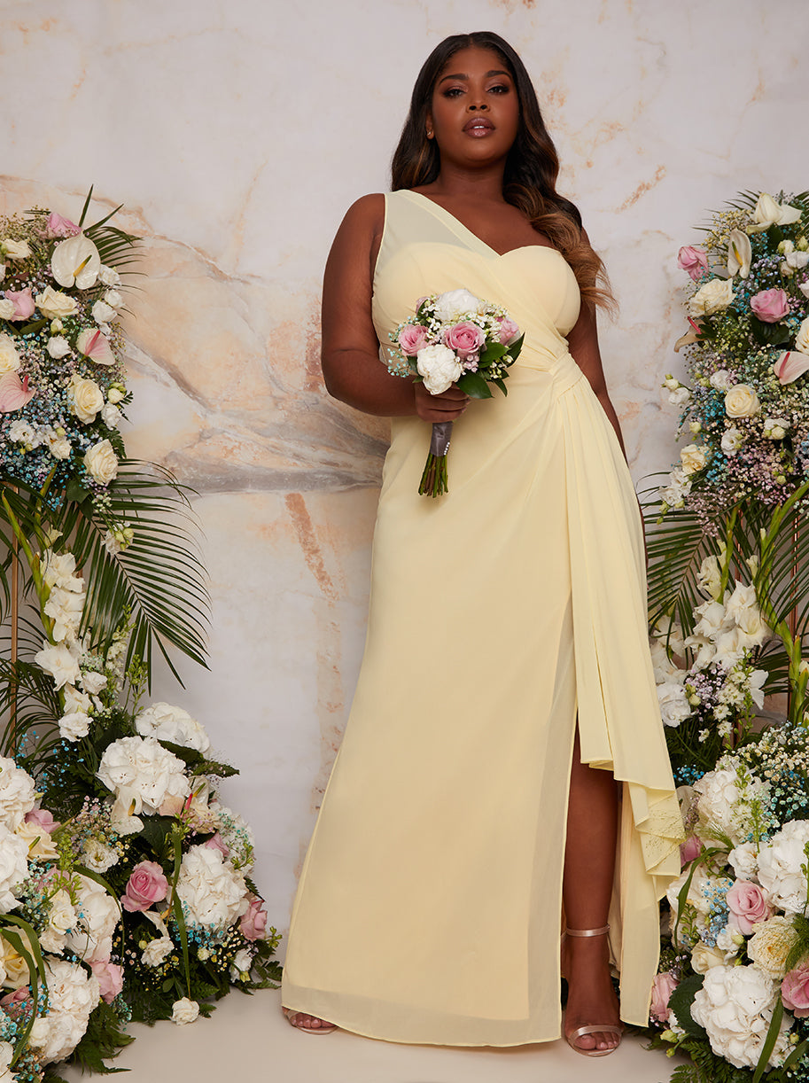 Plus Size One Shoulder Satin Finish Maxi Dress in Yellow