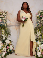 Plus Size One Shoulder Satin Finish Maxi Dress in Yellow