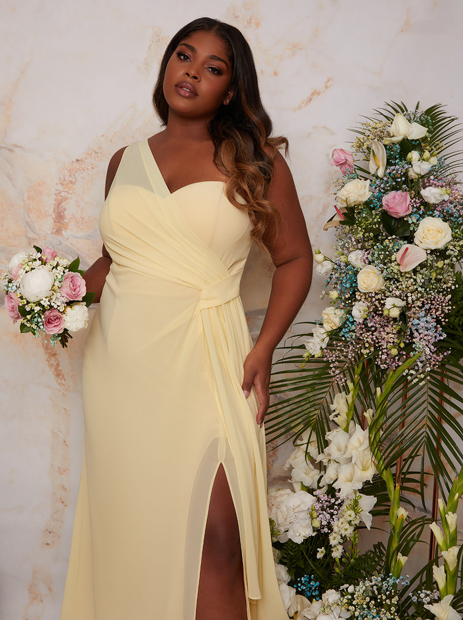 Plus Size One Shoulder Satin Finish Maxi Dress in Yellow