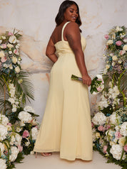 Plus Size One Shoulder Satin Finish Maxi Dress in Yellow