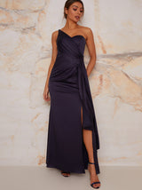 One Shoulder Satin Finish Maxi Dress in Navy