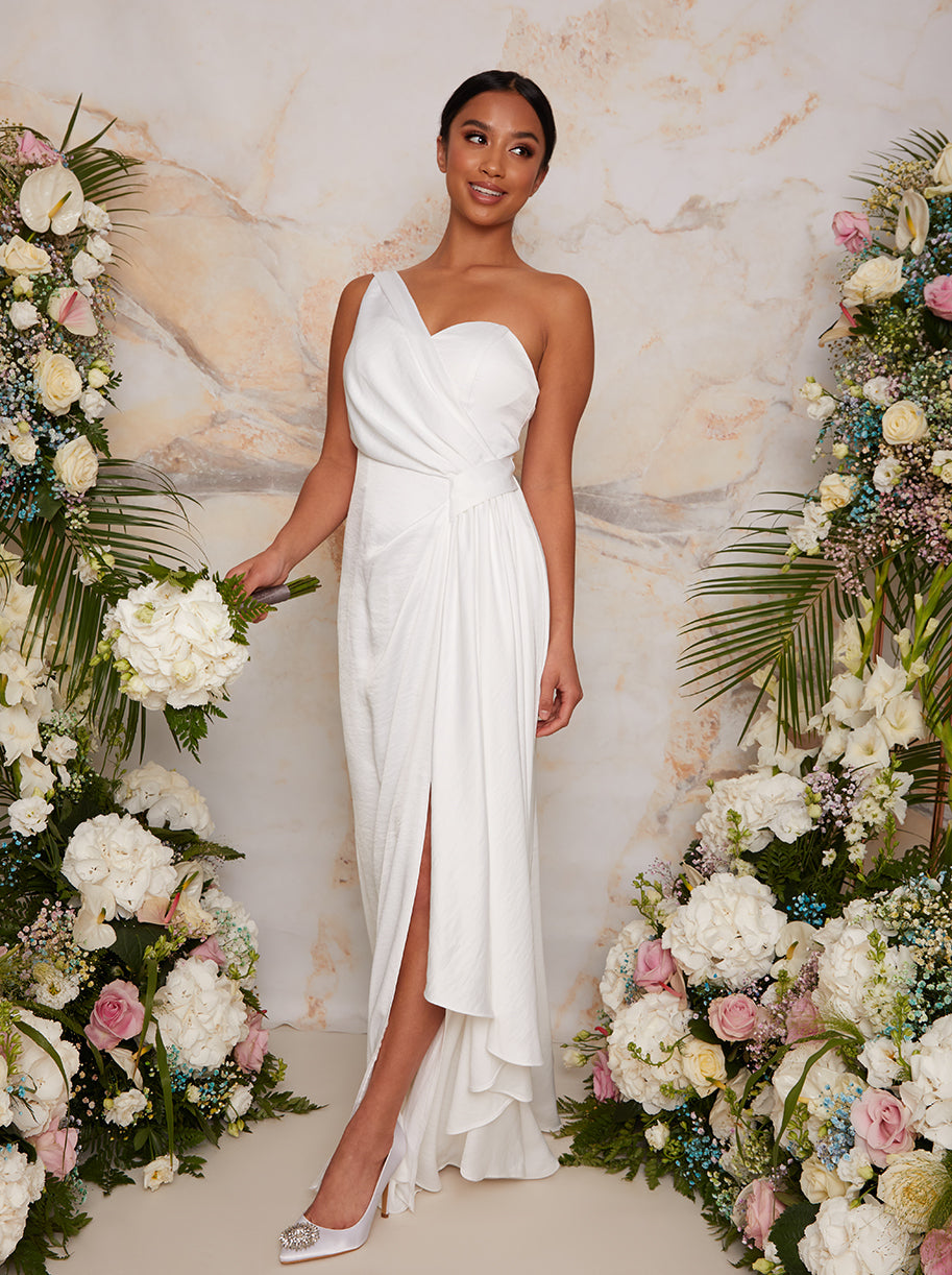 Petite One Shoulder Satin Finish Maxi Dress in White | Chi Chi London UK Petite One Shoulder Satin Finish Maxi Dress in White | Chi Chi London UK