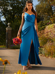 One Shoulder Satin Finish Maxi Dress in Blue