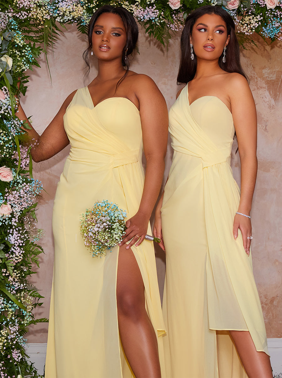Plus Size One Shoulder Satin Finish Maxi Dress in Yellow | Chi Chi London UK Plus Size One Shoulder Satin Finish Maxi Dress in Yellow | Chi Chi London UK