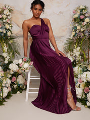 Pleated Satin One Shoulder Maxi Dress in Berry