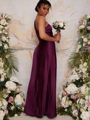 Pleated Satin One Shoulder Maxi Dress in Berry