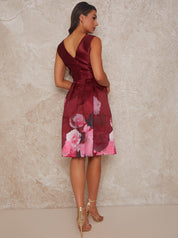 V Neck Floral Print Midi Dress in Dark Red