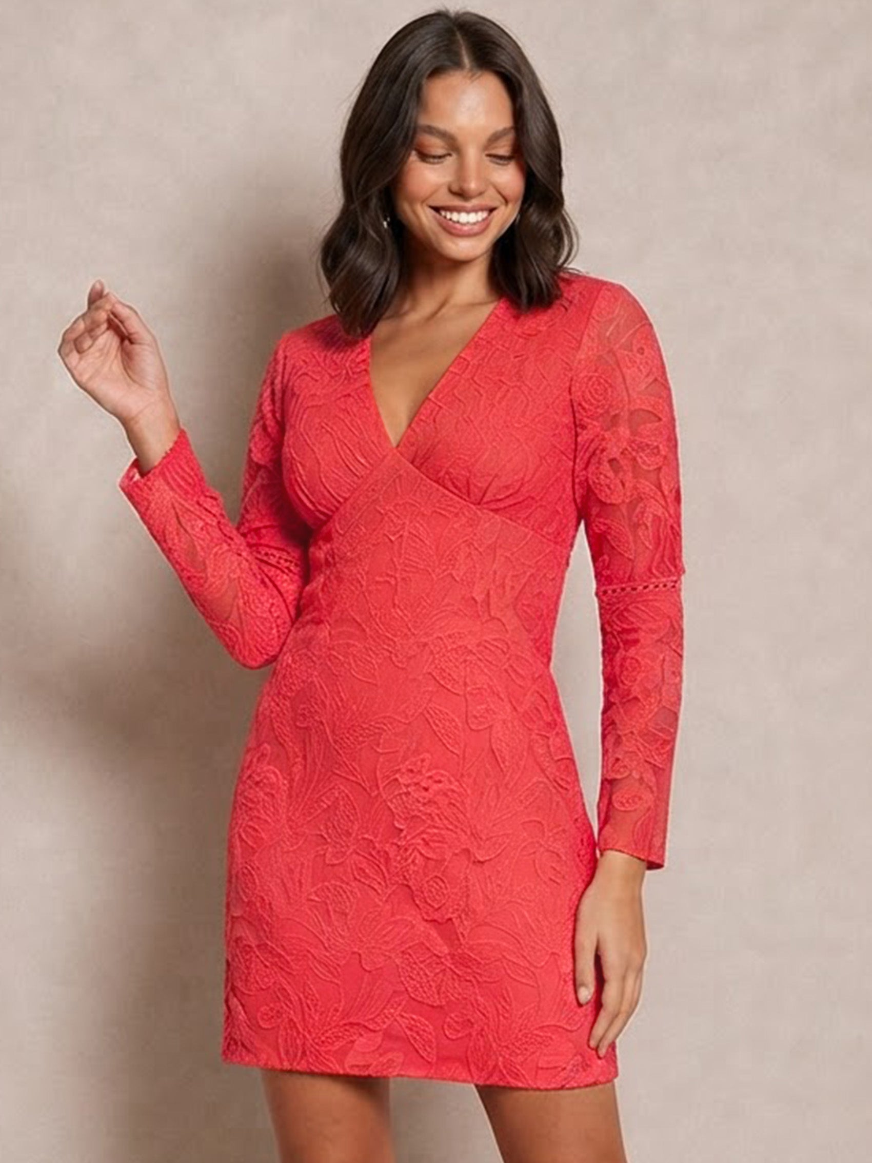 V Neck Long Sleeve Mini Dress in Pink