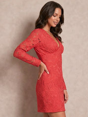 V Neck Long Sleeve Mini Dress in Pink