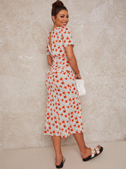 Short Sleeve Floral Print Midi Day Dress in Red