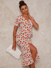 Short Sleeve Floral Print Midi Day Dress in Red