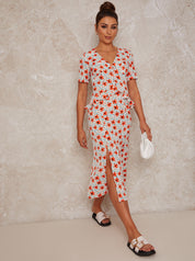 Short Sleeve Floral Print Midi Day Dress in Red