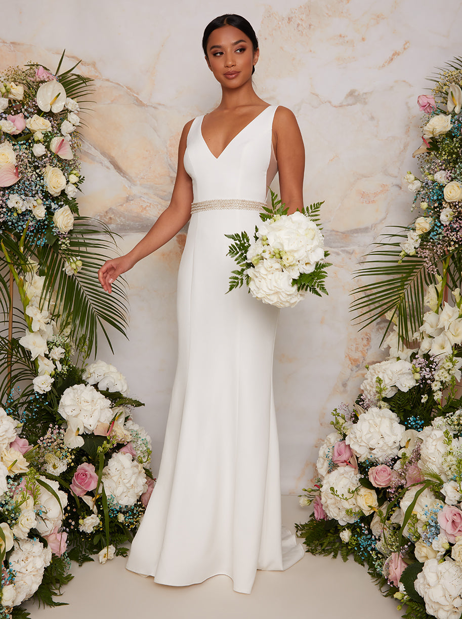 Petite Sleeveless Plunge Embellished Wedding Dress in White