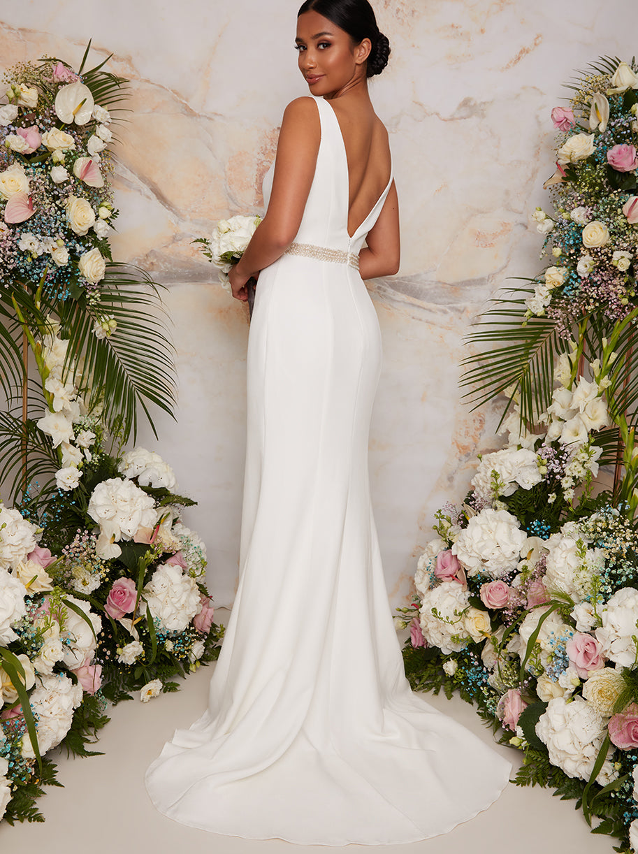 Petite Sleeveless Plunge Embellished Wedding Dress in White