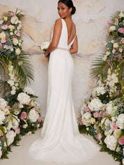 Petite Sleeveless Plunge Embellished Wedding Dress in White