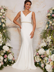 Sleeveless Plunge Wedding Dress with Embellishment in White