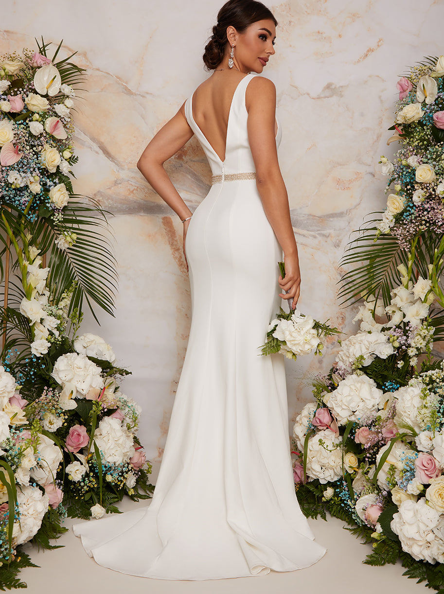 Sleeveless Plunge Wedding Dress with Embellishment in White