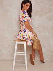 Floral Print Tie Front Mini Dress with Ruffles in Multi