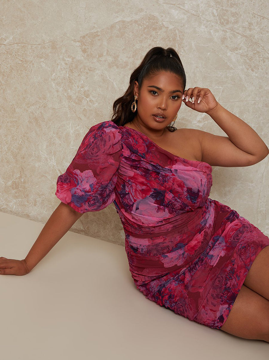 Plus Size Watercolour Print Puff Sleeve Mini Dress in Burgundy