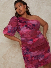 Plus Size Watercolour Print Puff Sleeve Mini Dress in Burgundy