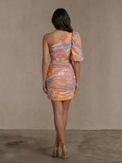 One-Shoulder Ruched Printed Mini Dress in Pink