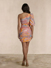 One-Shoulder Ruched Printed Mini Dress in Pink
