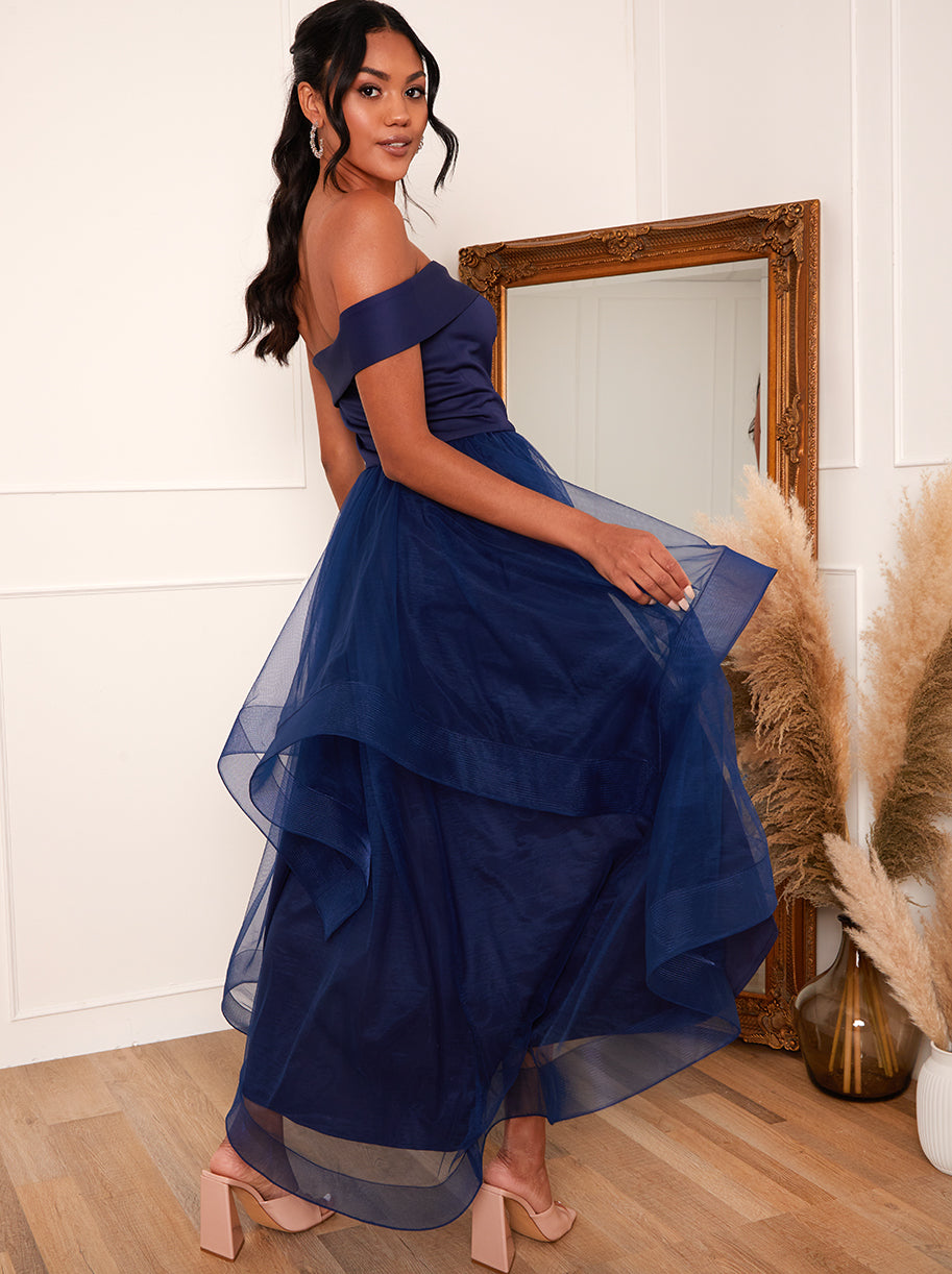 Dip Hem One Shoulder Mesh Dress in Navy