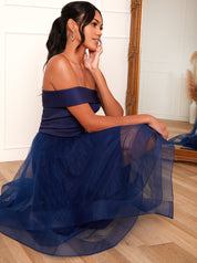 Dip Hem One Shoulder Mesh Dress in Navy