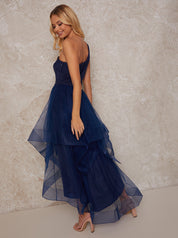 Petite Dip Hem One Shoulder Mesh Dress in Navy