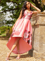 Sleeveless Floral Dip Hem Dress in Pink