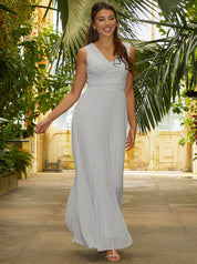 V Neck Pleated Maxi Dress in Blue