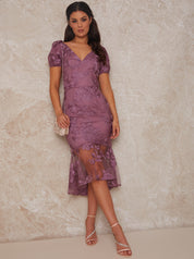 Embroidered Short Sleeve Midi Dress in Purple