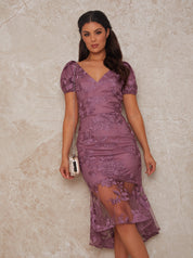 Embroidered Short Sleeve Midi Dress in Purple