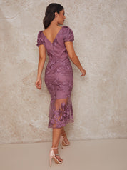 Embroidered Short Sleeve Midi Dress in Purple