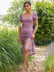 Embroidered Short Sleeve Midi Dress in Purple