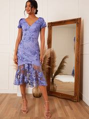 V Neck Puff Sleeve Embroidered Bodycon Dress in Blue