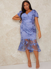 Plus Size V Neck Puff Sleeve Embroidered Bodycon Dress in Blue