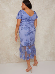 Plus Size V Neck Puff Sleeve Embroidered Bodycon Dress in Blue