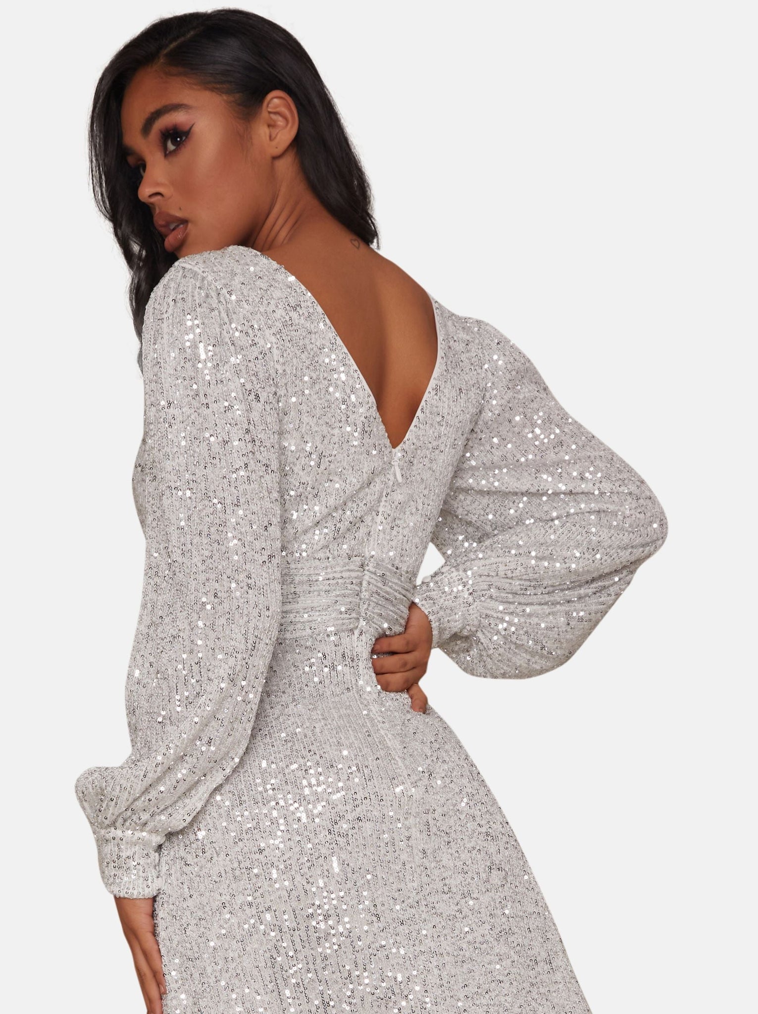 Long Sleeve V Neck Sequin Midi Dress in Silver | Chi Chi London UK Long Sleeve V Neck Sequin Midi Dress in Silver | Chi Chi London UK