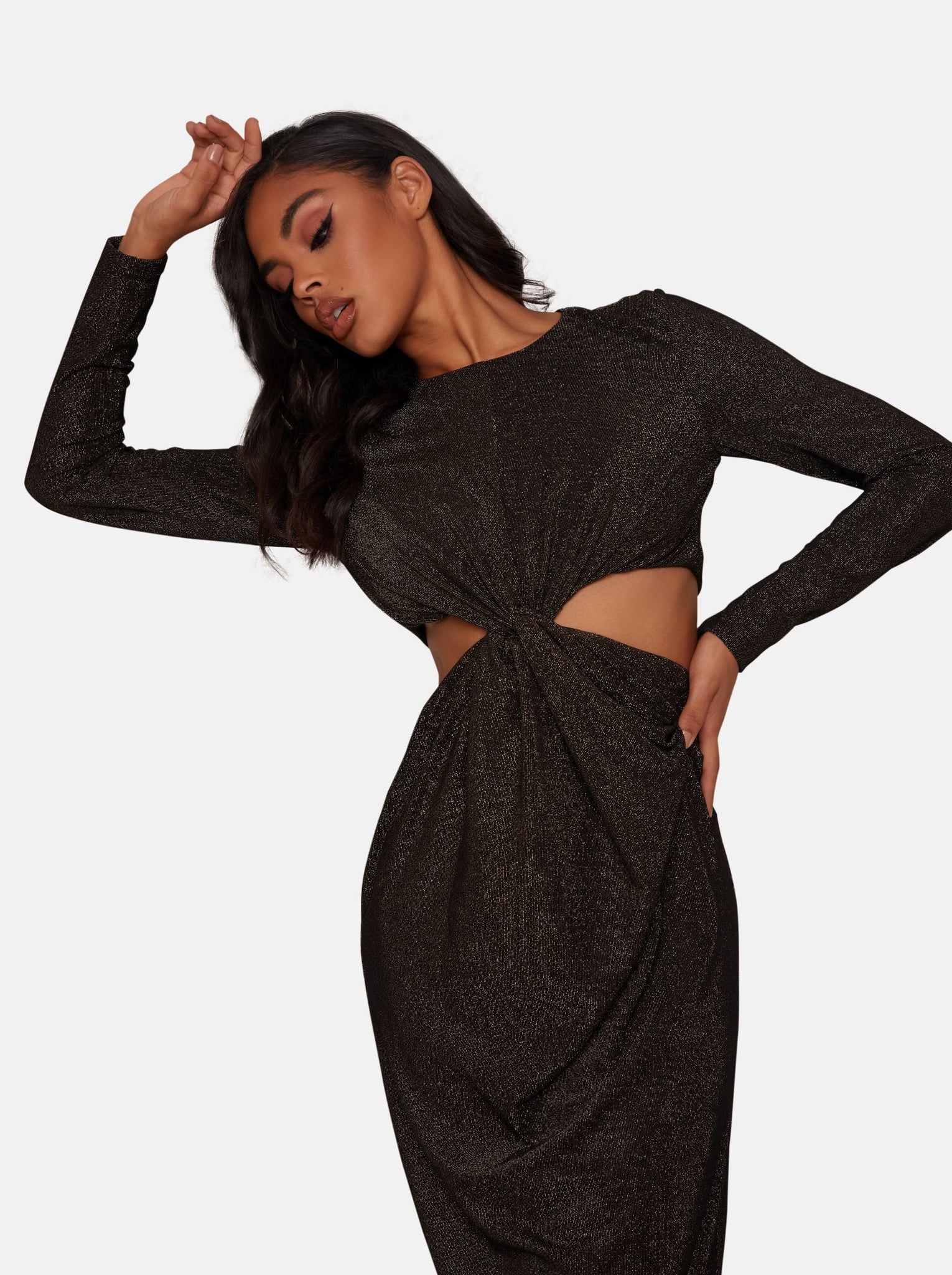 Long Sleeve Cut Out Party Midi Dress in Black Long Sleeve Cut Out Party Midi Dress in Black