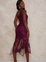 One Shoulder Peplum Floral Embroidered Dress in Plum