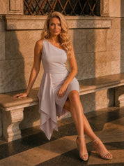 One Shoulder Satin Drape Mini Dress in Champagne