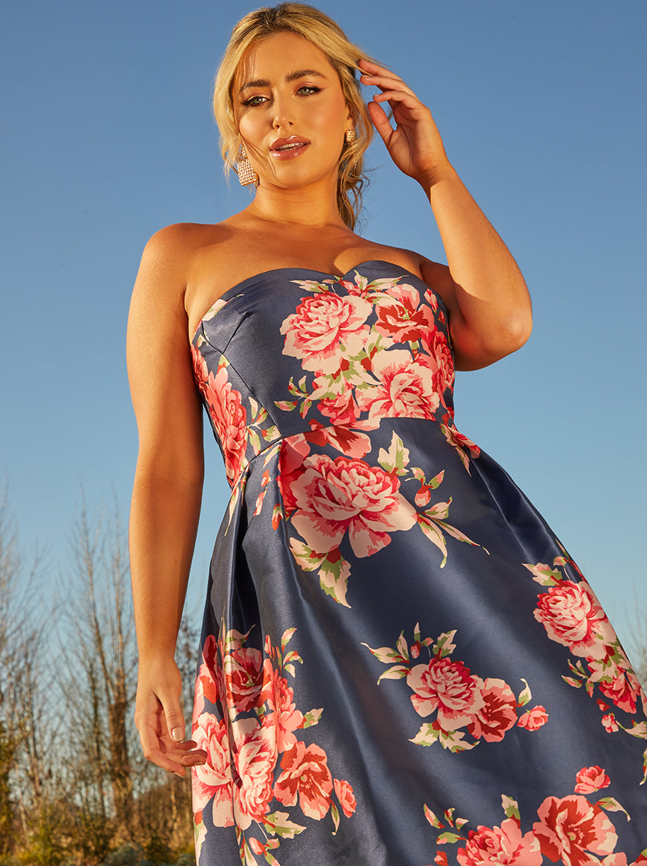 Plus Size Strapless Floral Print Dip Hem Dress in Navy