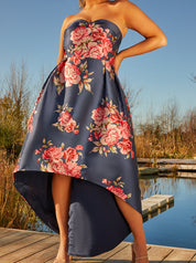 Plus Size Strapless Floral Print Dip Hem Dress in Navy